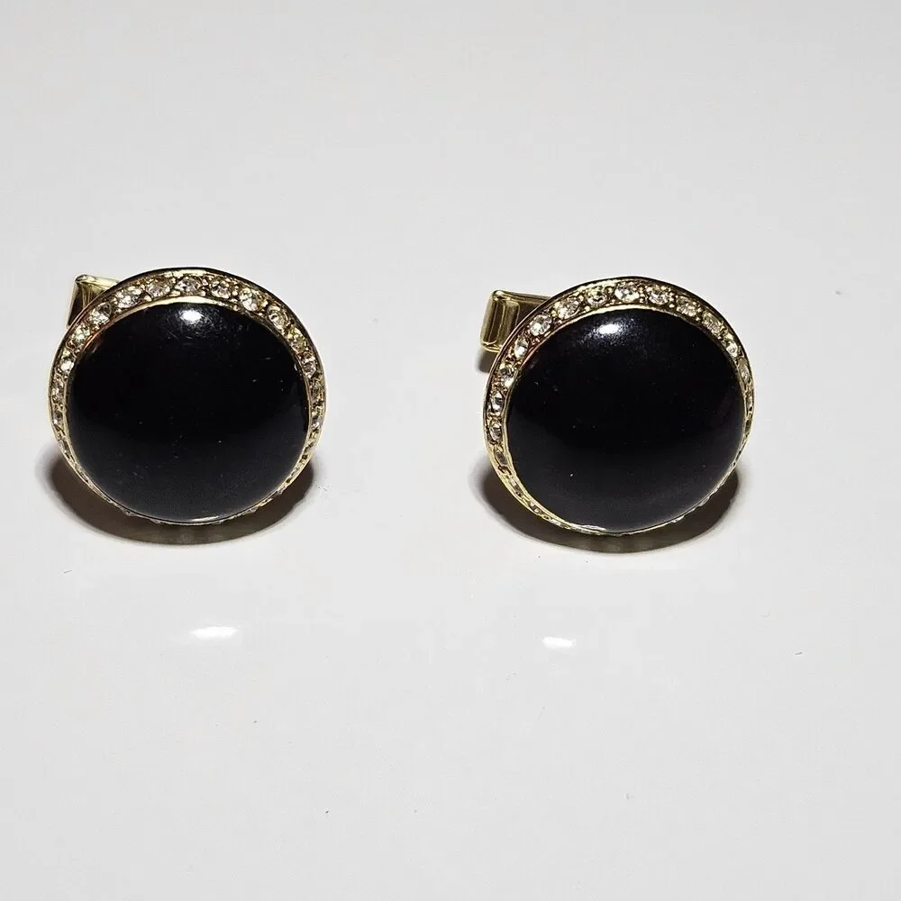 Vtg Gold Tone Cufflinks Black Carbochon Circle Stone Clear Rhinestone Accents